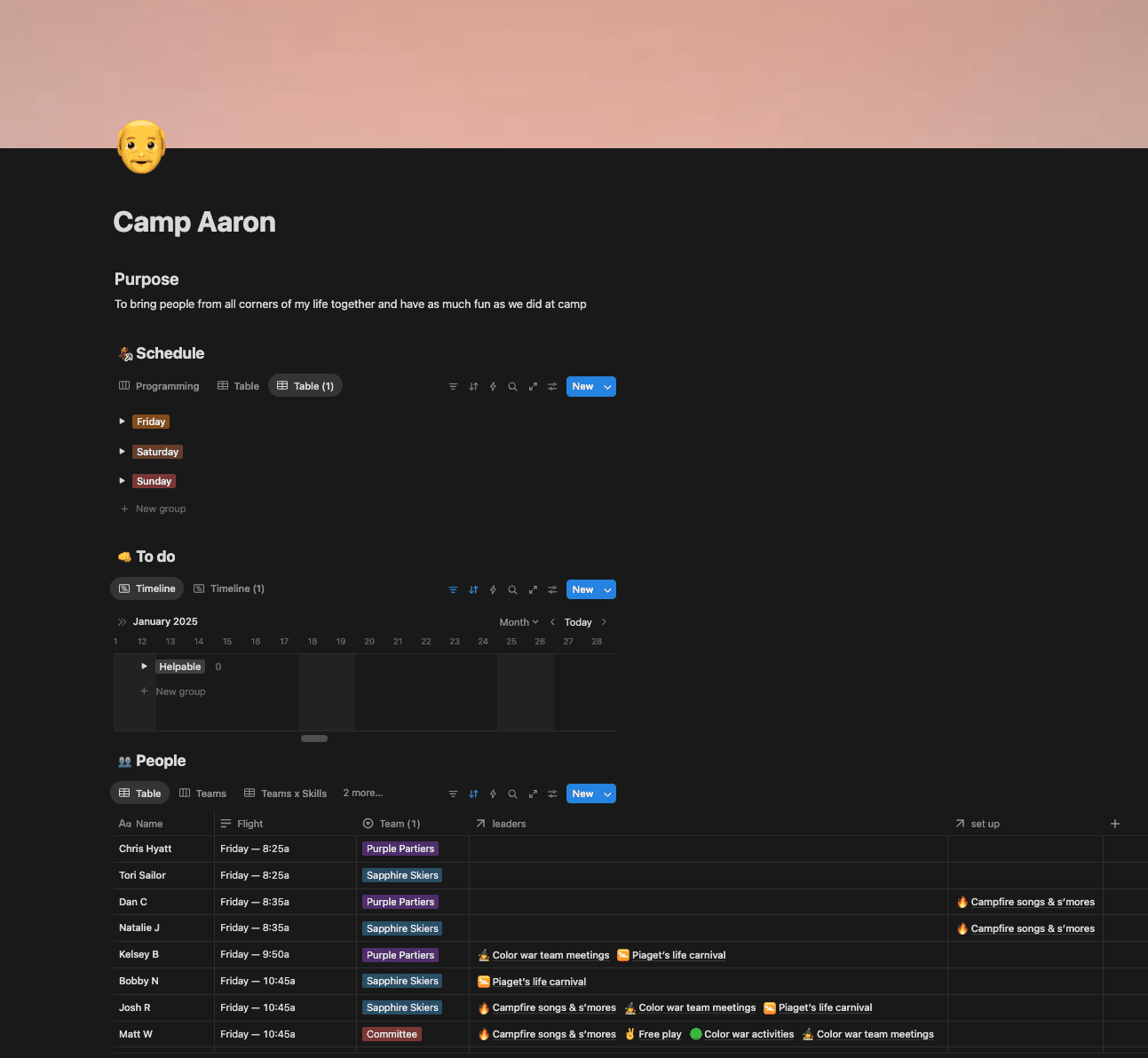 Aaron planned a sixty-person camp-theme birthday party using Thred and Notion.