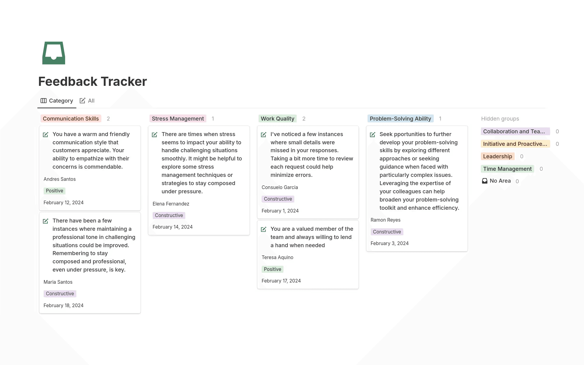 Notion’s feedback tracker shows categorized cards for communication, stress management, work quality, and problem-solving.