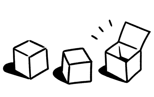 Ilustrasi garis hitam-putih bergaya minimalis menampilkan dua kotak tertutup dan satu kotak terbuka.