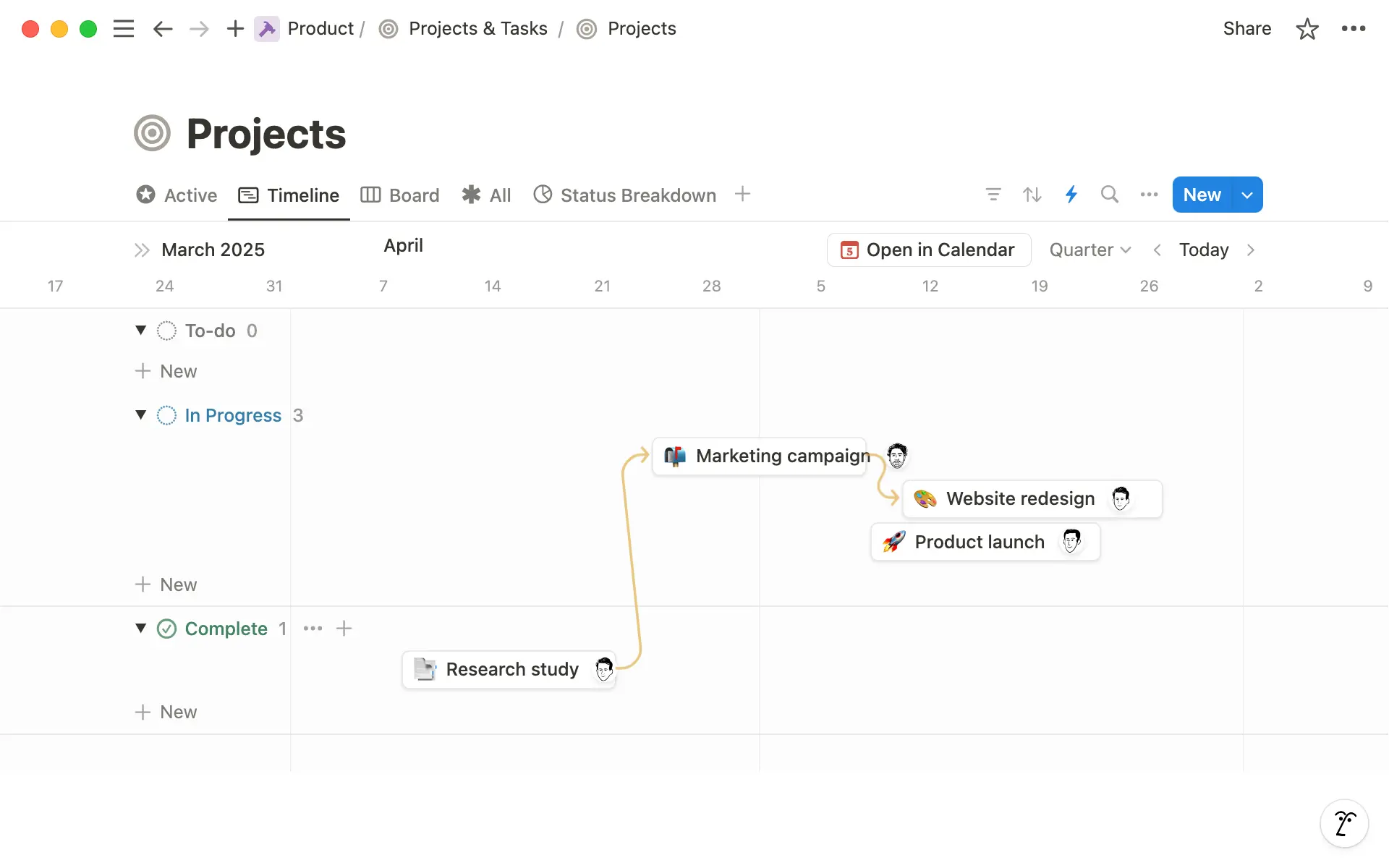 See how projects are progressing on a Timeline view.