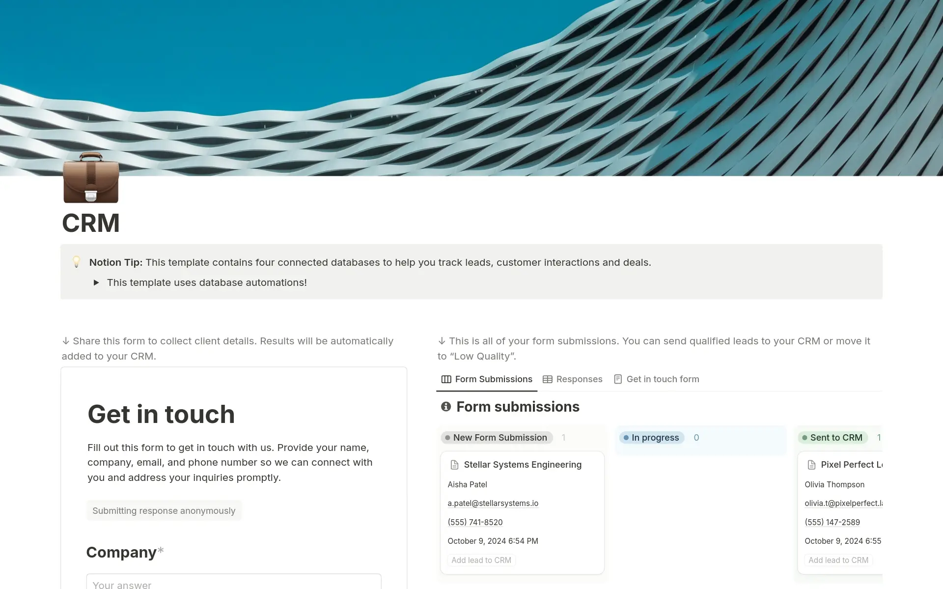 A template preview for CRM Lead Form